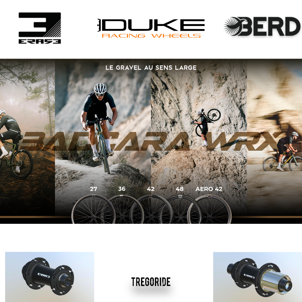 DUKE BACCARA WRX | ERASE | BERD (H AV : 27, H AR : 27, Rayons : 24 BERD AV et AR, Rayon : Noir, CRL : HG (9, 10, 11, 12 V, 1er pignon 11 dents), Ecrous : Silver, Moyeux : Noir)