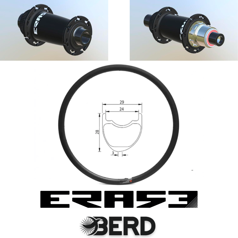 ROUES CARBONE 24 HOOKLESS | ERASE | BERD (Rayons : 24 BERD AV et AR, Ecrous : Silver, CRL : HG (9, 10, 11, 12 V, 1er pignon 11 dents), Moyeux : Rouge, Rayon : Noir)