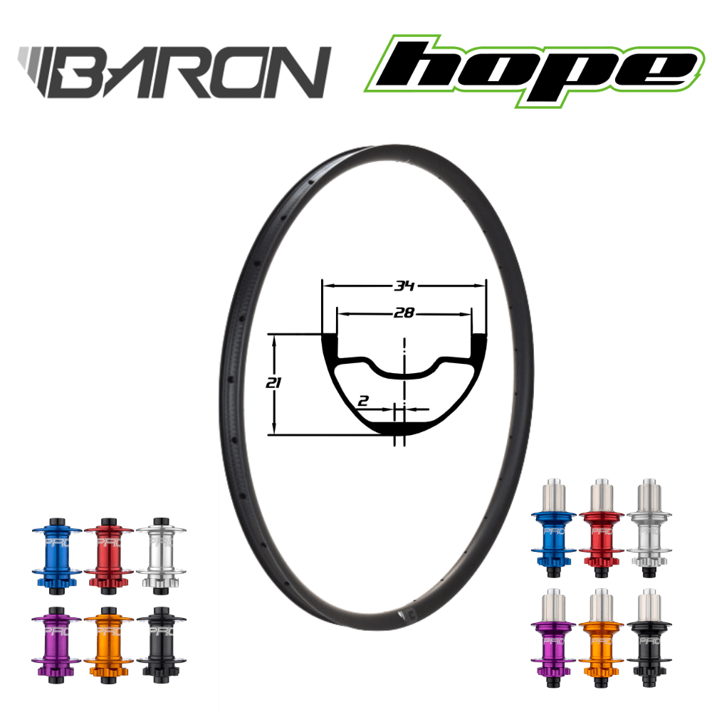 BARON XR28 | HOPE PRO5 (QRX100, QRX135, CRL : HG (9, 10, 11, 12 V, 1er pignon 11 dents), Center Lock (CL), Rayons : 28 RACE AV et AR, Ecrous : Silver, Moyeux : Noir)