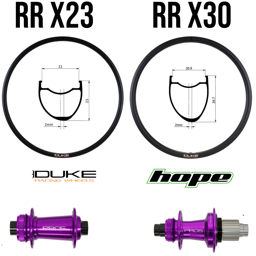 DUKE RR X23 ou X30 DISC | HOPE PRO5 (Jantes : DUKE RRX23 DISC, Rayons : 28 DLIGHT AV et AR, Ecrous : Silver, CRL : HG (9, 10, 11, 12 V, 1er pignon 11 dents), Moyeux : Noir)