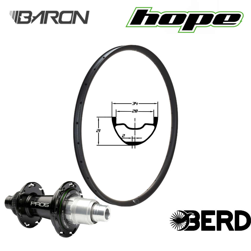 BARON XR28 | HOPE PRO5 | BERD (CRL : HG (9, 10, 11, 12 V, 1er pignon 11 dents), Ecrous : Silver, Moyeux : Noir)