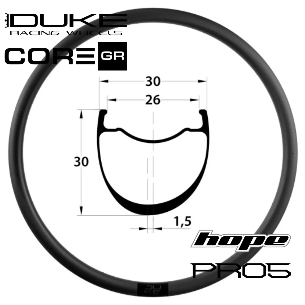 DUKE CORE GR30 | HOPE PRO5 SP (Rayons : 24 CXSPRINT AV et AR, QRX100, QRX135, Center Lock (CL), CRL : HG (9, 10, 11, 12 V, 1er pignon 11 dents), Ecrous : Silver, Moyeux : Noir)