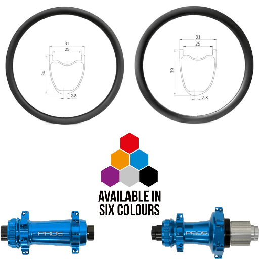 ROUES CARBONE 25 HOOKLESS | HOPE PRO5 SP24 CL (H: 34, QRX100, QRX135, CRL : HG (9, 10, 11, 12 V, 1er pignon 11 dents), Ecrous : Silver, Moyeux : Noir)
