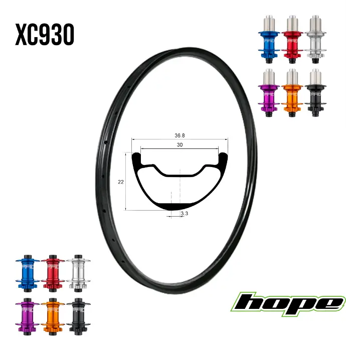 Roues carbone XC/DC XC930 | HOPE PRO5 (LIGHT, 15X100, 12X142, CRL : HG (9, 10, 11, 12 V, 1er pignon 11 dents), Center Lock (CL), Rayons : 28 DLIGHT AV et AR, Ecrous : Silver, Moyeux : Noir)