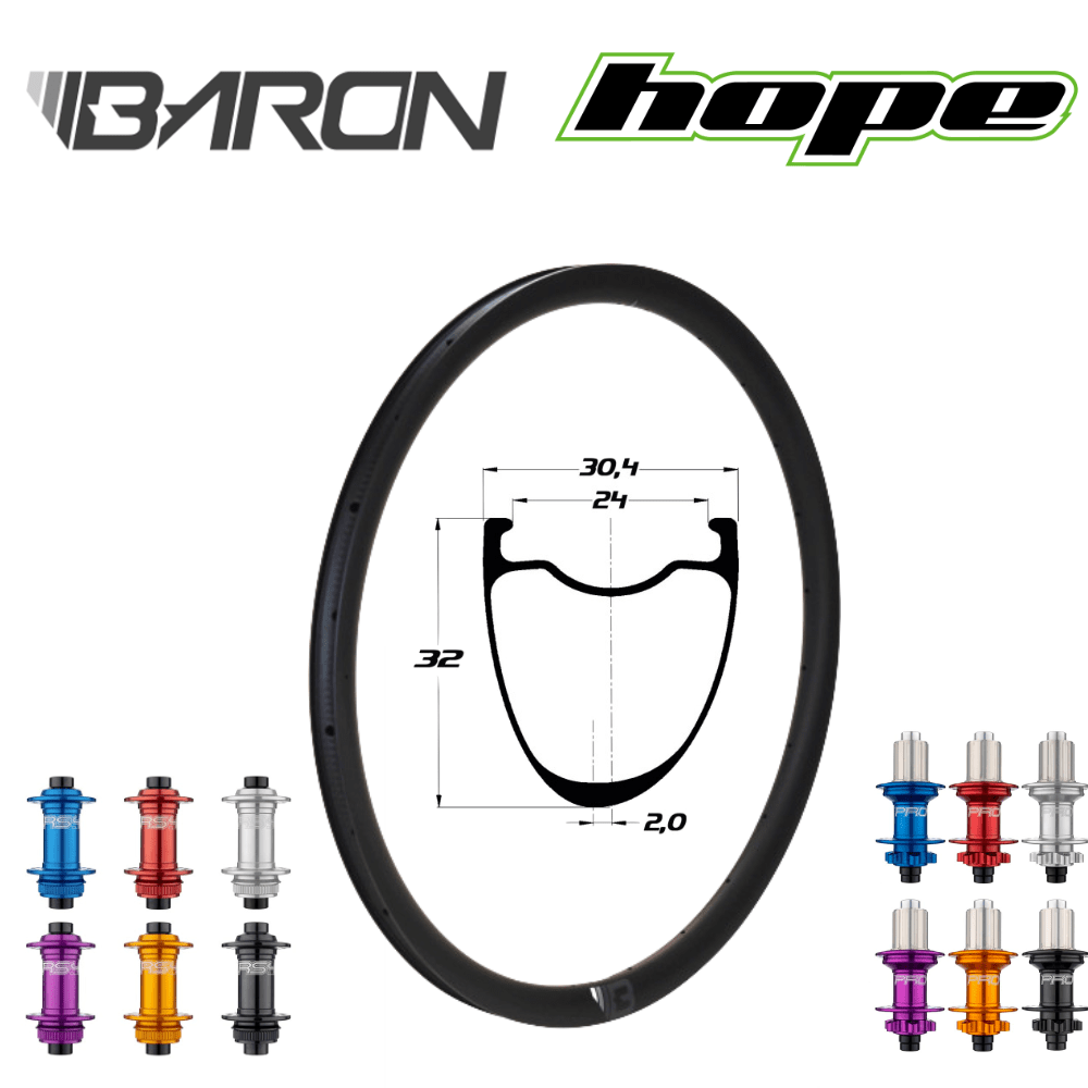 BARON GR32 | HOPE PRO5 (QRX100, QRX135, CRL : HG (9, 10, 11, 12 V, 1er pignon 11 dents), Rayons : 24 CXSPRINT AV et AR, Ecrous : Silver, Moyeux : Noir)