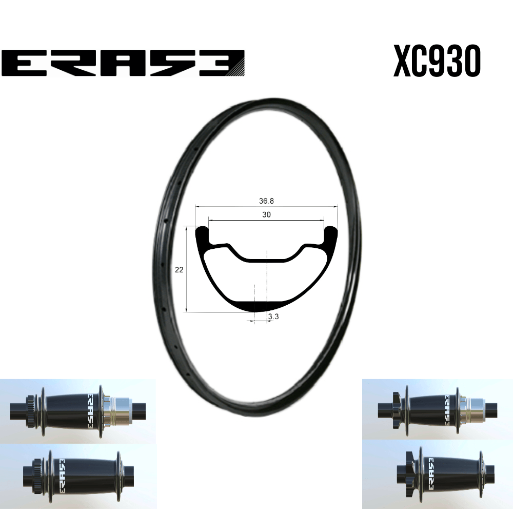 Roues carbone XC/DC XC930 | ERASE (LIGHT, 15X110 Boost, 12X148 Boost, CRL : HG (9, 10, 11, 12 V, 1er pignon 11 dents), Center Lock (CL), Rayons : 28 DLIGHT AV et AR, Ecrous : Silver, Moyeux : Noir)