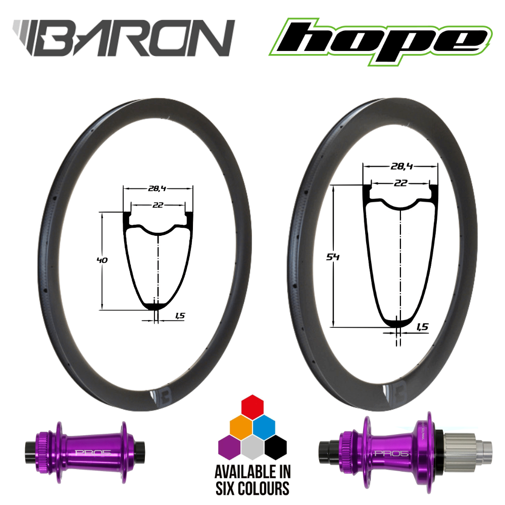 BARON RR40 et RR54 | HOPE PRO5 (H AV : 40, H AR : 40, CRL : HG (9, 10, 11, 12 V, 1er pignon 11 dents), Ecrous : Silver, Moyeux : Noir)