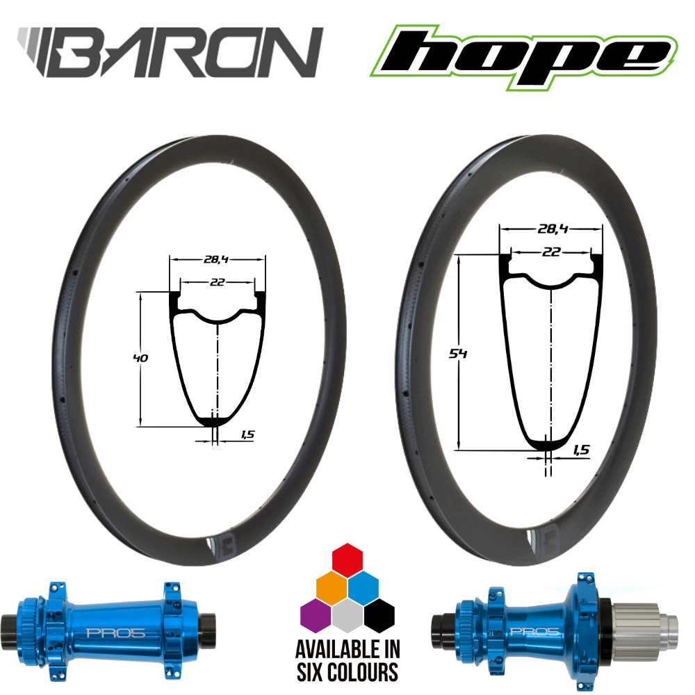 BARON RR40 et RR54 | HOPE PRO5 SP24 (H AV : 40, H AR : 40, CRL : HG (9, 10, 11, 12 V, 1er pignon 11 dents), Ecrous : Silver, Moyeux : Noir)
