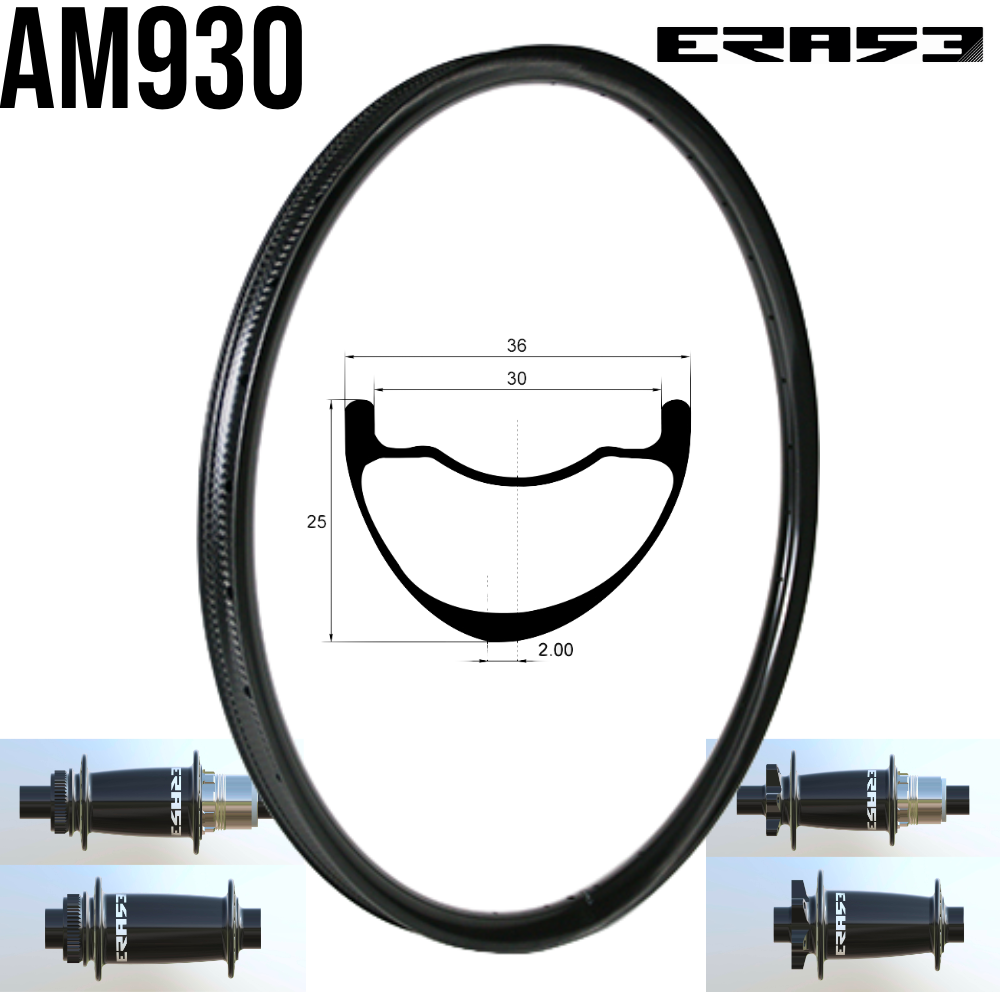 Roues carbone All Mountain AM930 | ERASE (15X110 Boost, CRL : HG (9, 10, 11, 12 V, 1er pignon 11 dents), Center Lock (CL), Rayons : 32 DLIGHT AV et AR, Ecrous : Silver, Moyeux : Noir)