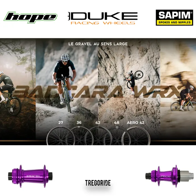 DUKE BACCARA WRX | HOPE PRO5 (H AV : 27, H AR : 27, Rayons : 28 DLIGHT AV et AR, Center Lock (CL), QRX100, QRX135, CRL : HG (9, 10, 11, 12 V, 1er pignon 11 dents), Moyeux : Noir, Ecrous : Silver)