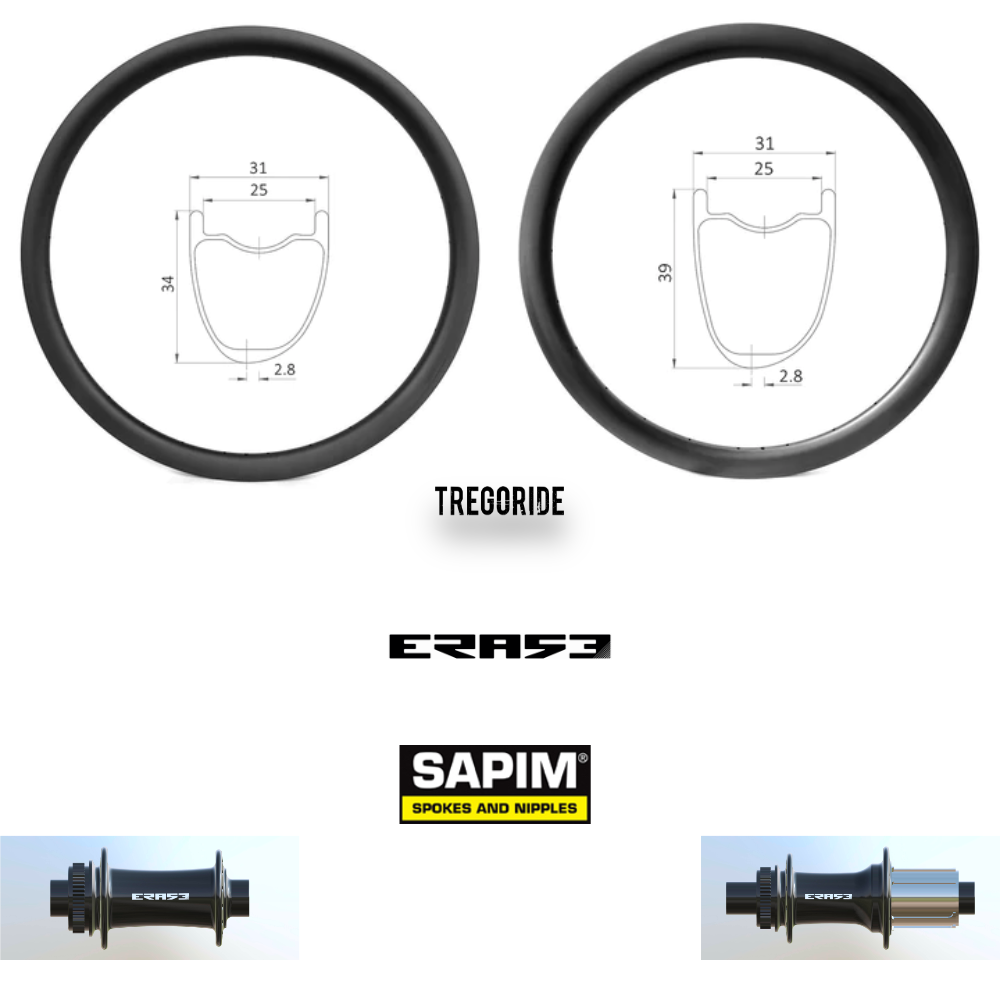 ROUES CARBONE 25 HOOKLESS | ERASE (H: 34, CRL : HG (9, 10, 11, 12 V, 1er pignon 11 dents), Rayons : 28 DLIGHT AV et AR, Ecrous : Silver, Moyeux : Noir)