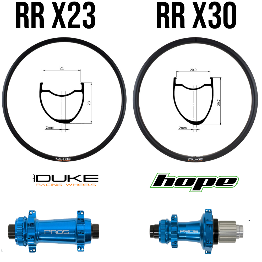 DUKE RR X23 ou X30 DISC | HOPE PRO5 SP24 (Jantes : DUKE RRX23 DISC, Rayons : 24 CXSPRINT AV et AR, Ecrous : Silver, CRL : HG (9, 10, 11, 12 V, 1er pignon 11 dents), Moyeux : Noir)