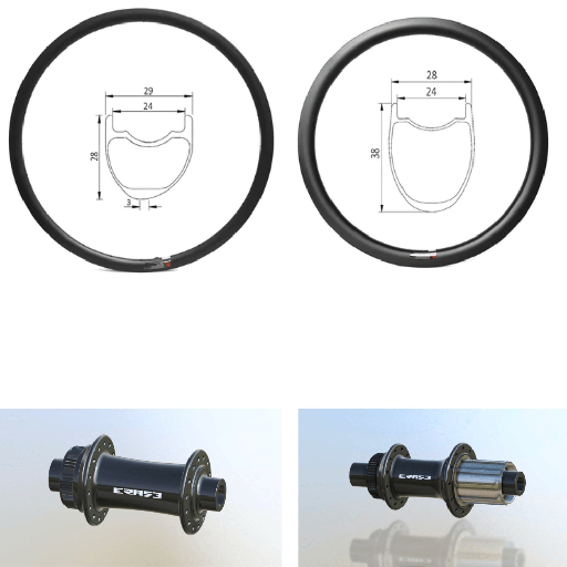 ROUES CARBONE 24 HOOKLESS | ERASE (H : 28, CRL : HG (9, 10, 11, 12 V, 1er pignon 11 dents), Rayons : 28 DLIGHT AV et AR, Ecrous : Silver, Moyeux : Noir)