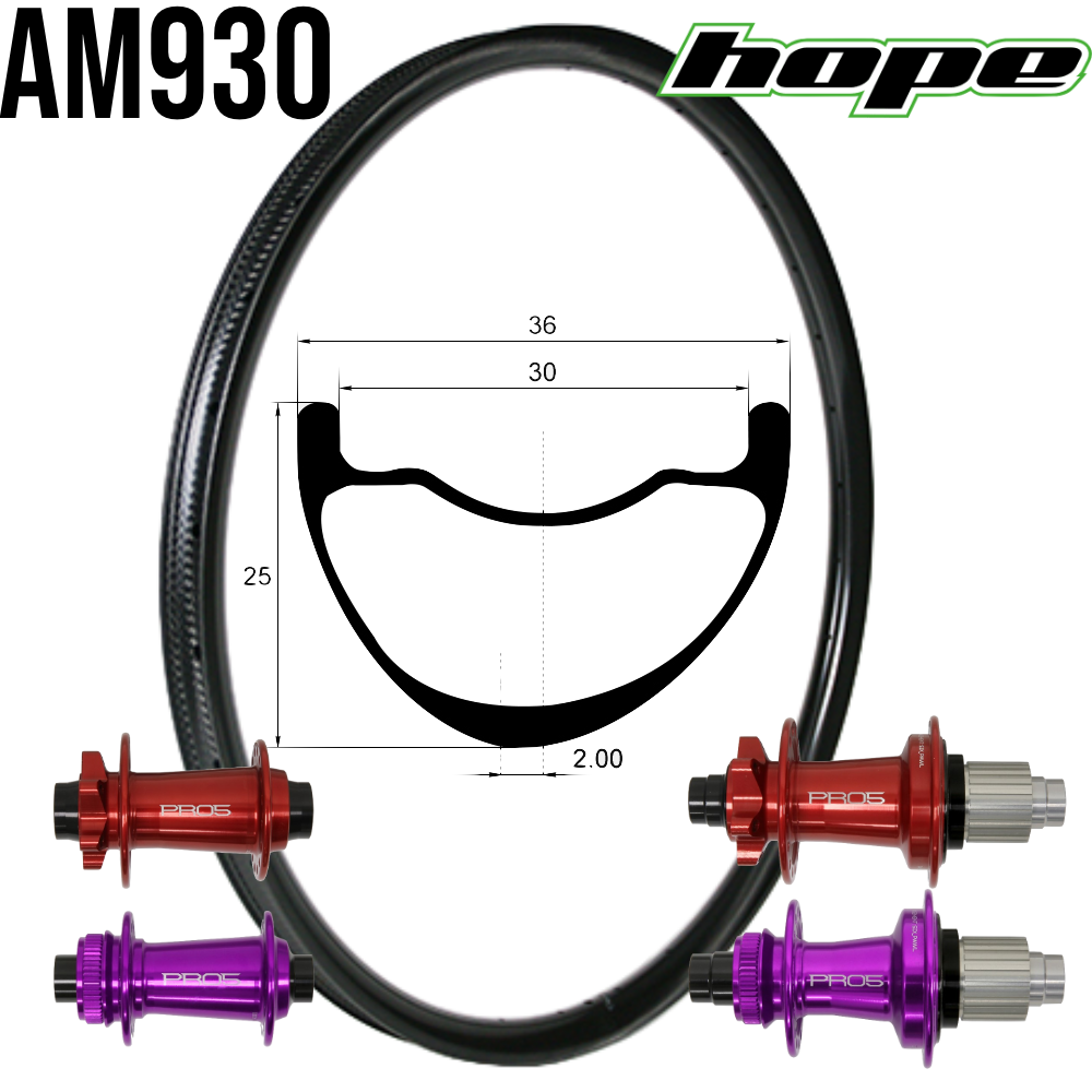 Roues carbone All Mountain AM930 | HOPE PRO5 (12X110, QRX135, CRL : HG (9, 10, 11, 12 V, 1er pignon 11 dents), Center Lock (CL), Rayons : 32 DLIGHT AV et AR, Ecrous : Silver, Moyeux : Noir)