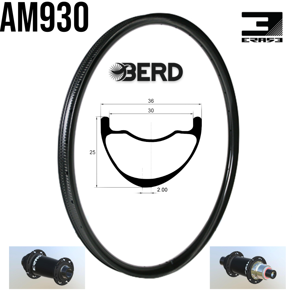Roues carbone All Mountain AM930 | ERASE BERD (CRL : HG (9, 10, 11, 12 V, 1er pignon 11 dents), Ecrous : Silver, Moyeux : Noir)
