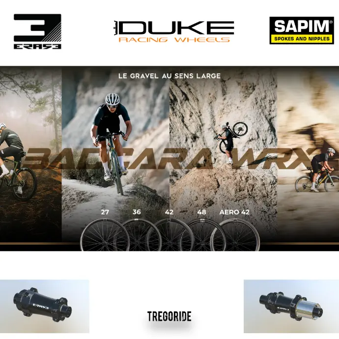 DUKE BACCARA WRX | ERASE SP (H AV : 27, H AR : 27, Rayons : 24 CXSPRINT AV et AR, CRL : HG (9, 10, 11, 12 V, 1er pignon 11 dents), Moyeux : Noir, Ecrous : Silver)