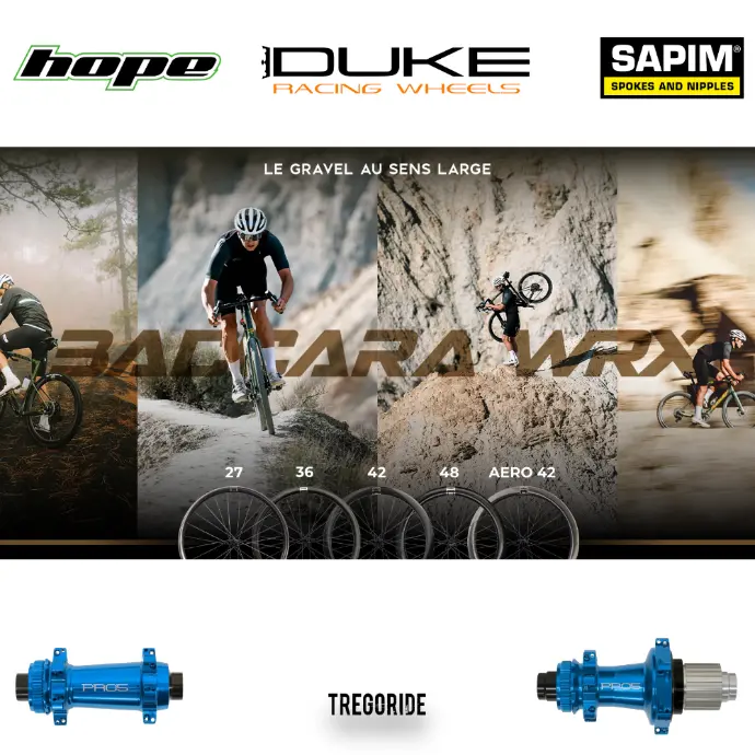 DUKE BACCARA WRX | HOPE PRO5 SP24 (H AV : 27, H AR : 27, Rayons : 24 CXSPRINT AV et AR, Center Lock (CL), QRX100, QRX135, CRL : HG (9, 10, 11, 12 V, 1er pignon 11 dents), Moyeux : Noir, Ecrous : Silver)