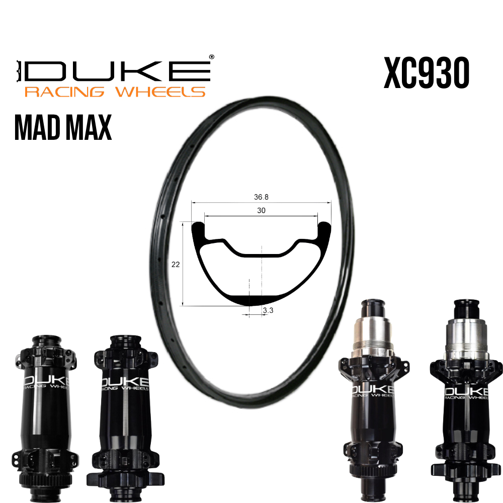 Roues carbone XC/DC XC930 | DUKE MAD MAX (LIGHT, 15X110 Boost, CRL : HG (9, 10, 11, 12 V, 1er pignon 11 dents), Center Lock (CL), Ecrous : Silver, Moyeux : Noir)