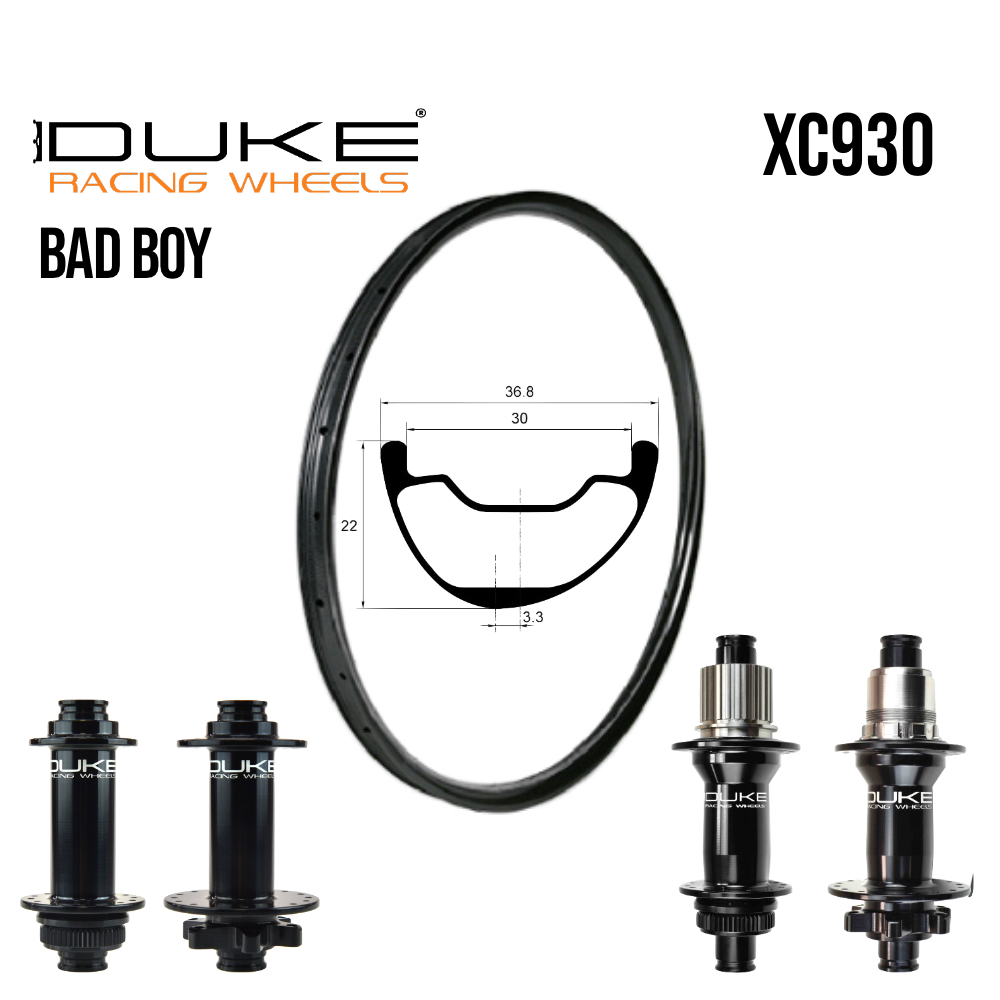 Roues carbone XC/DC XC930 | DUKE BAD BOY (LIGHT, 15X110 Boost, CRL : HG (9, 10, 11, 12 V, 1er pignon 11 dents), Center Lock (CL), Rayons : 28 DLIGHT AV et AR, Ecrous : Silver)