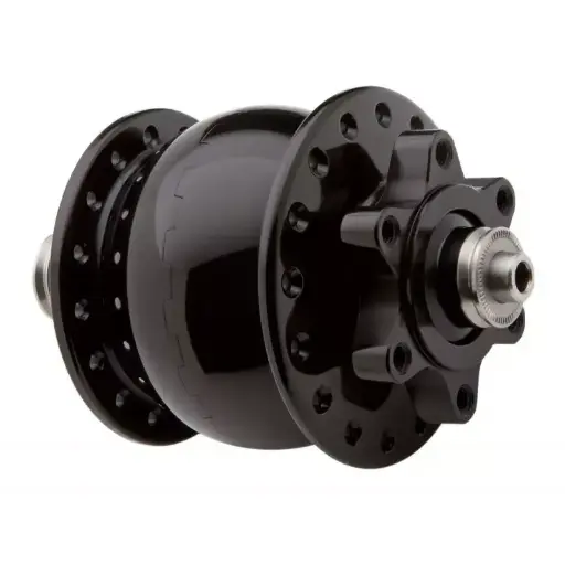 Moyeu dynamo SON 28 disque 6 trous, axe QR 9mm, entraxe 100mm.